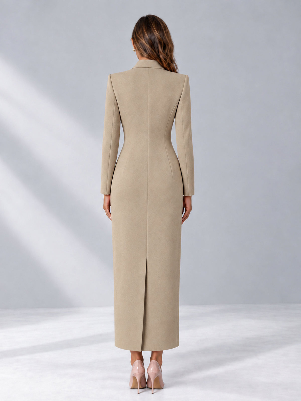 Khaki Tailored Fit Notch Lapel Double Breasted Long Women's Blazer