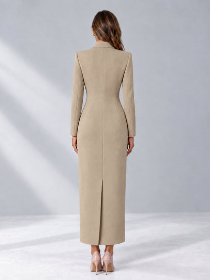 Khaki Tailored Fit Notch Lapel Double Breasted Long Women's Blazer