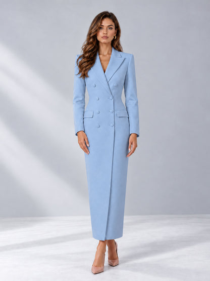 Light Blue Tailored Fit Notch Lapel Double Breasted Long Women's Blazer