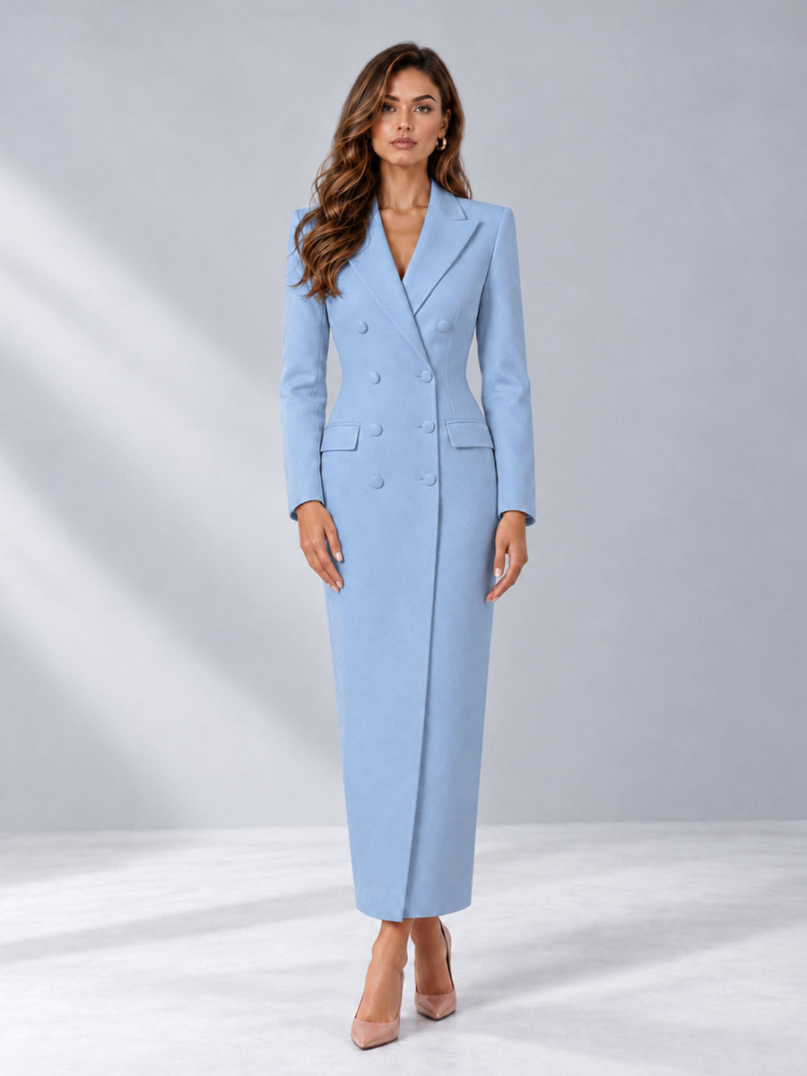Light Blue Tailored Fit Notch Lapel Double Breasted Long Women's Blazer