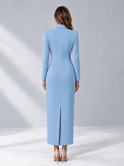 Light Blue Tailored Fit Notch Lapel Double Breasted Long Women's Blazer