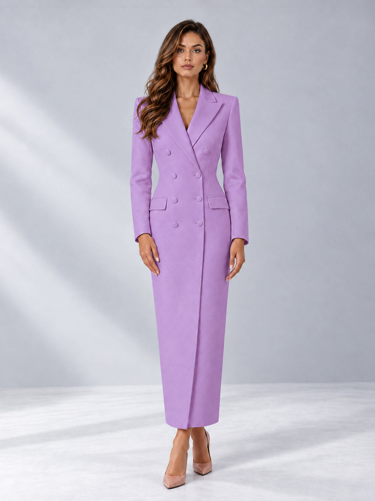 Lilac Tailored Fit Notch Lapel Double Breasted Long Women's Blazer