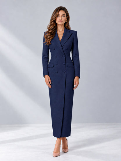 Navy Blue Tailored Fit Notch Lapel Double Breasted Long Women's Blazer