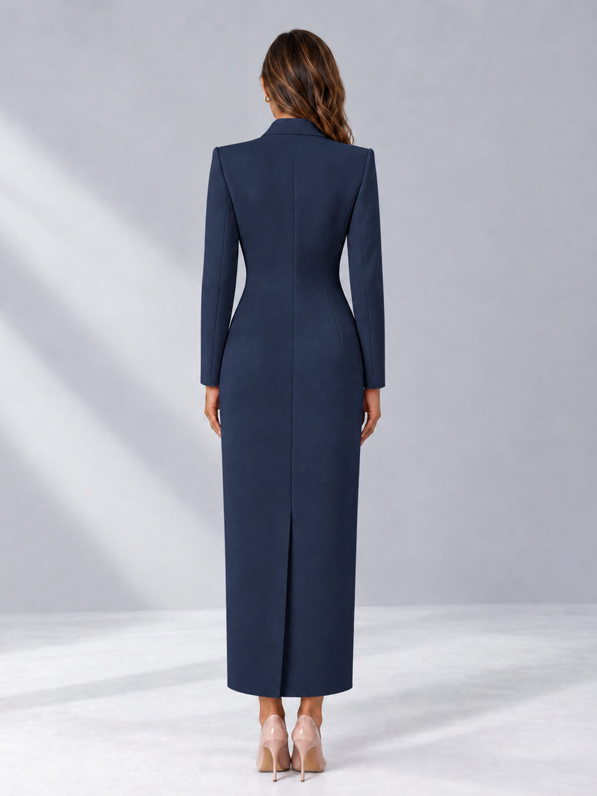 Navy Blue Tailored Fit Notch Lapel Double Breasted Long Women's Blazer
