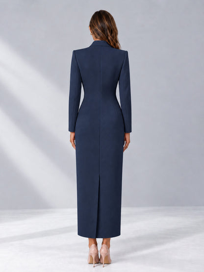 Navy Blue Tailored Fit Notch Lapel Double Breasted Long Women's Blazer