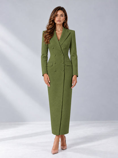 Olive Green Tailored Fit Notch Lapel Double Breasted Long Women's Blazer