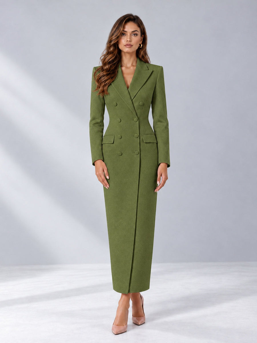 Olive Green Tailored Fit Notch Lapel Double Breasted Long Women's Blazer