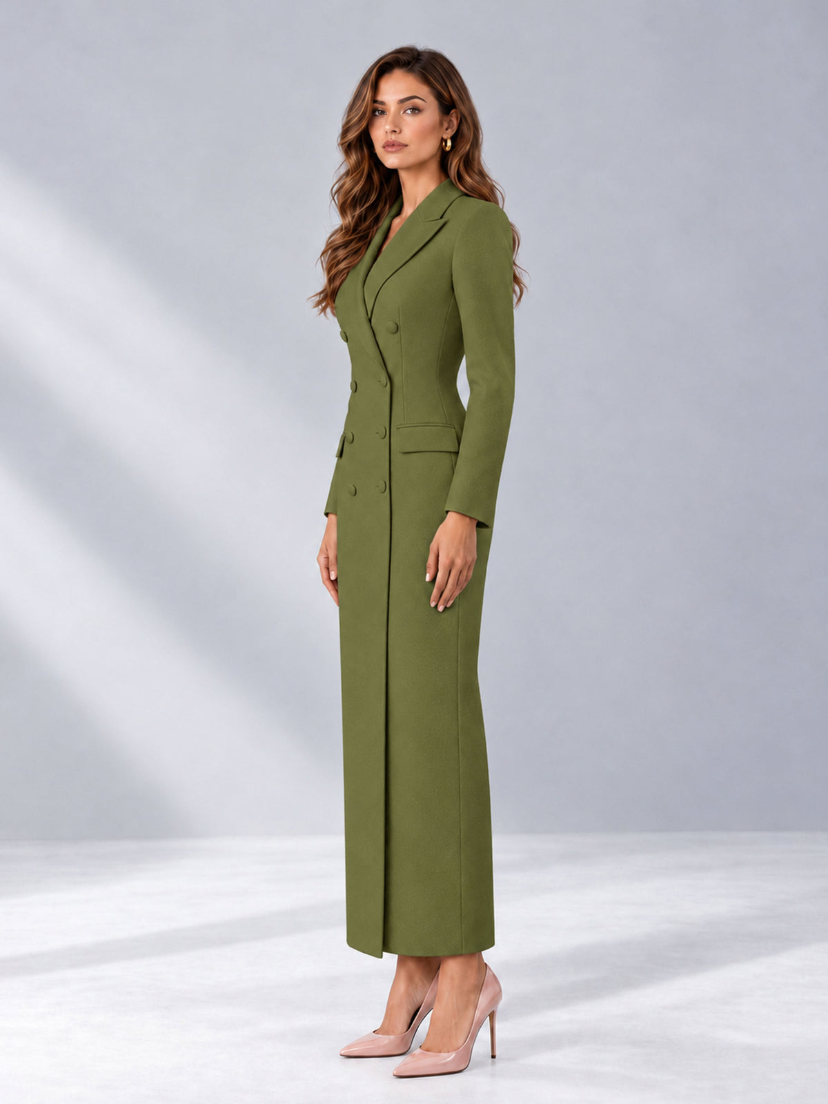Olive Green Tailored Fit Notch Lapel Double Breasted Long Women's Blazer