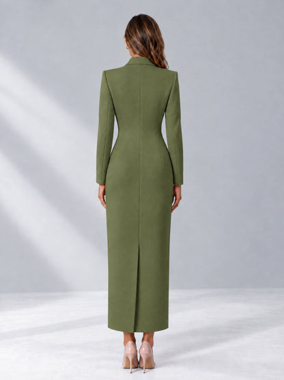 Olive Green Tailored Fit Notch Lapel Double Breasted Long Women's Blazer
