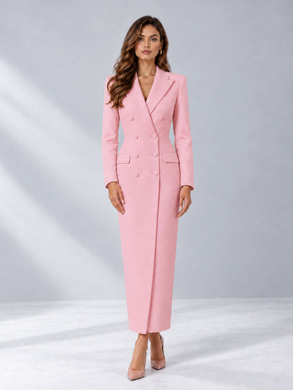 Pink Tailored Fit Notch Lapel Double Breasted Long Women's Blazer