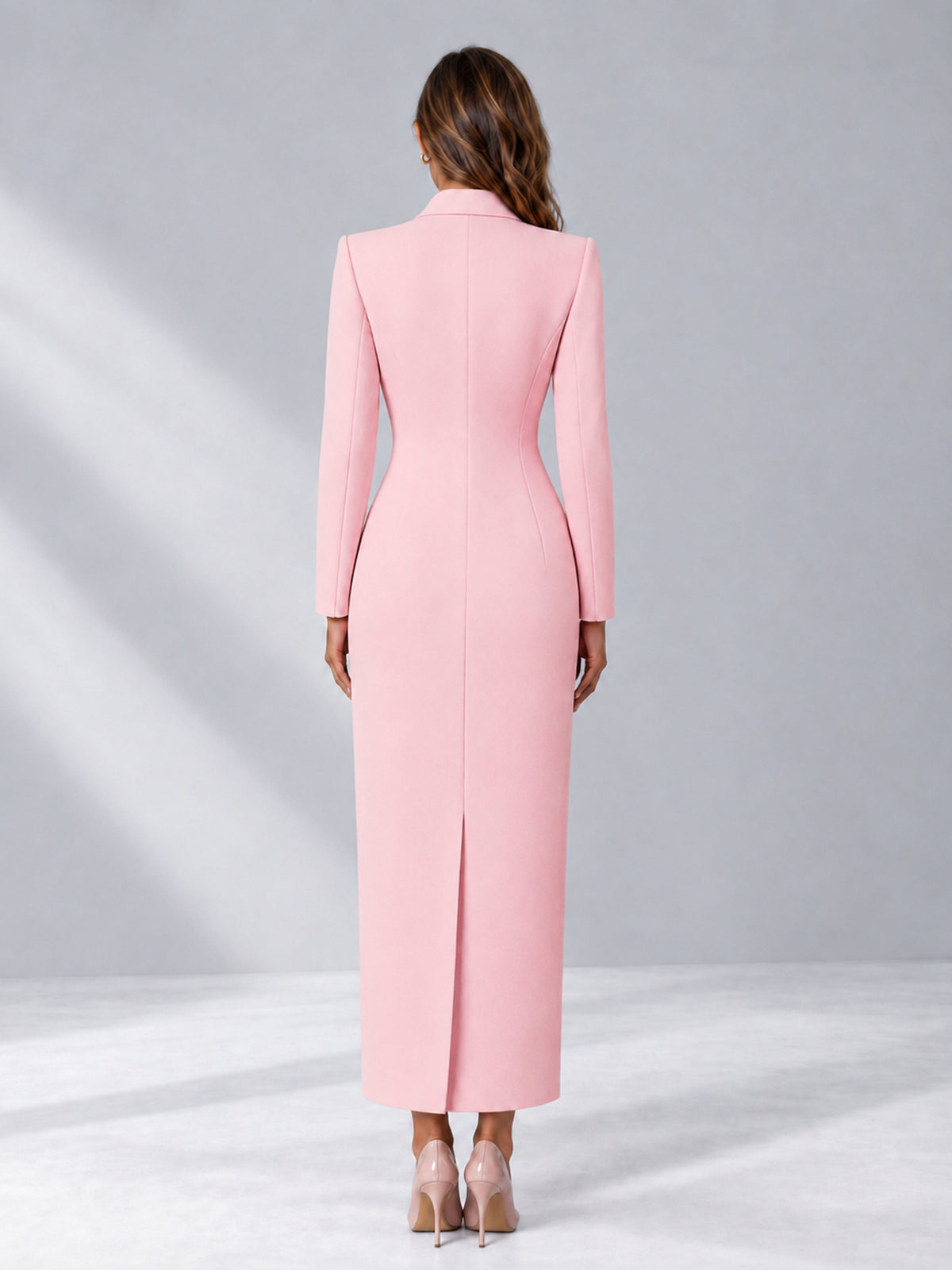 Pink Tailored Fit Notch Lapel Double Breasted Long Women's Blazer
