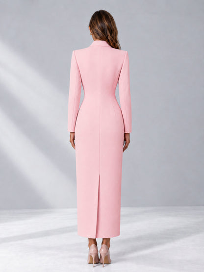 Pink Tailored Fit Notch Lapel Double Breasted Long Women's Blazer