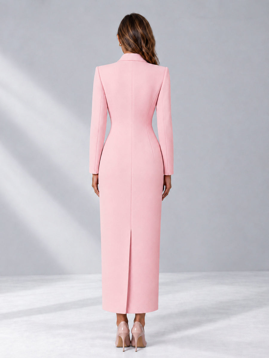 Pink Tailored Fit Notch Lapel Double Breasted Long Women's Blazer