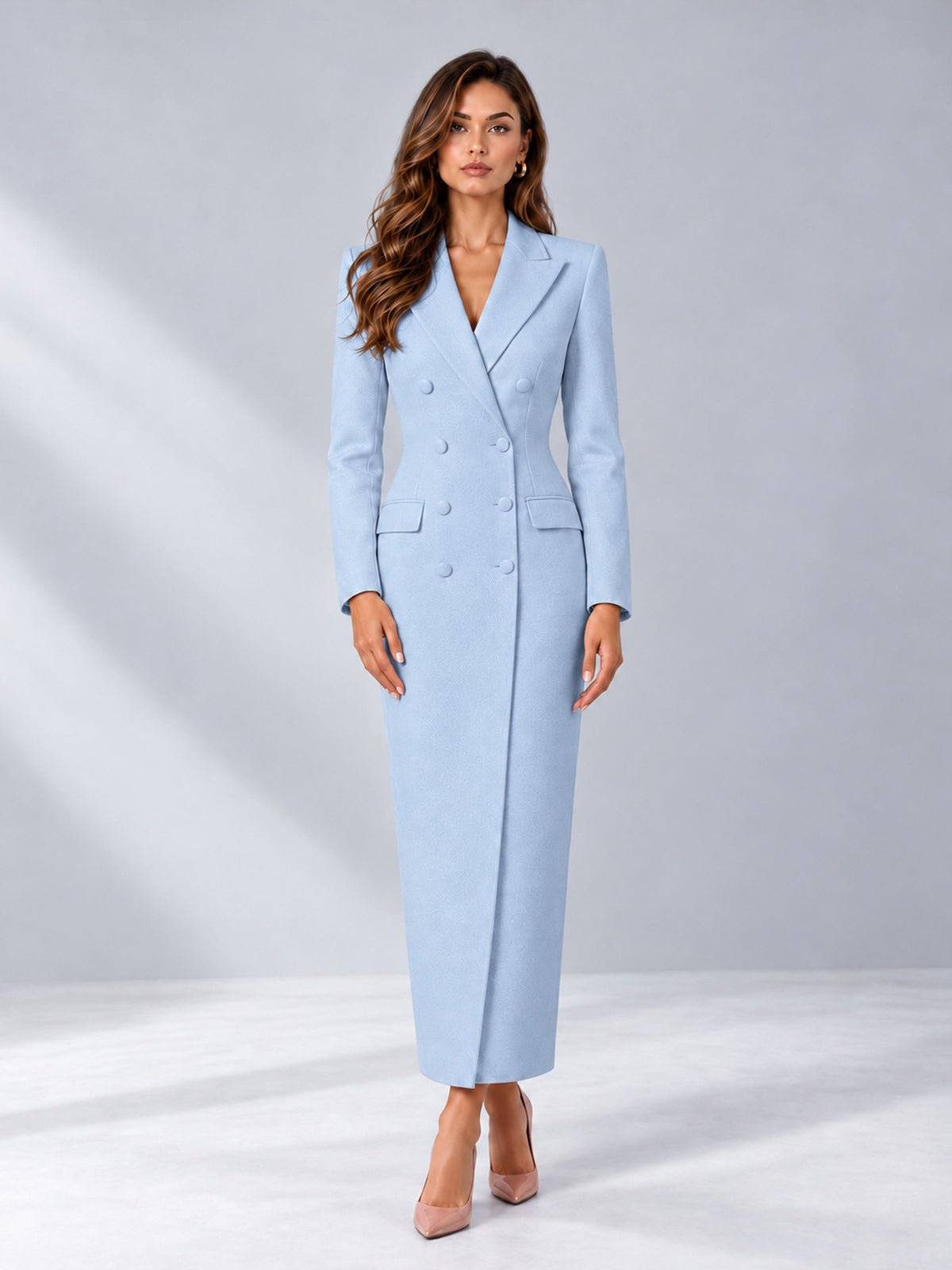 Powder Blue Tailored Fit Notch Lapel Double Breasted Long Women's Blazer
