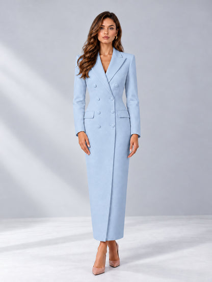 Powder Blue Tailored Fit Notch Lapel Double Breasted Long Women's Blazer