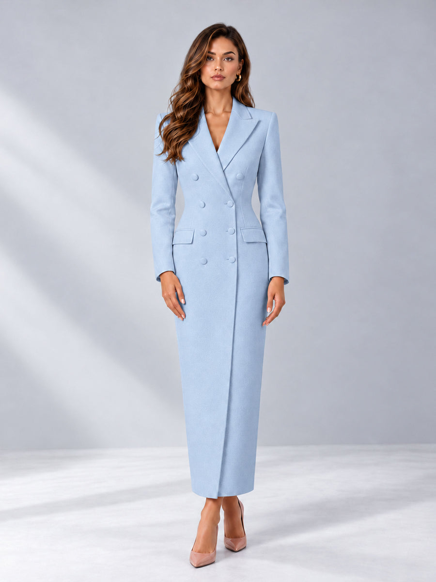Powder Blue Tailored Fit Notch Lapel Double Breasted Long Women's Blazer