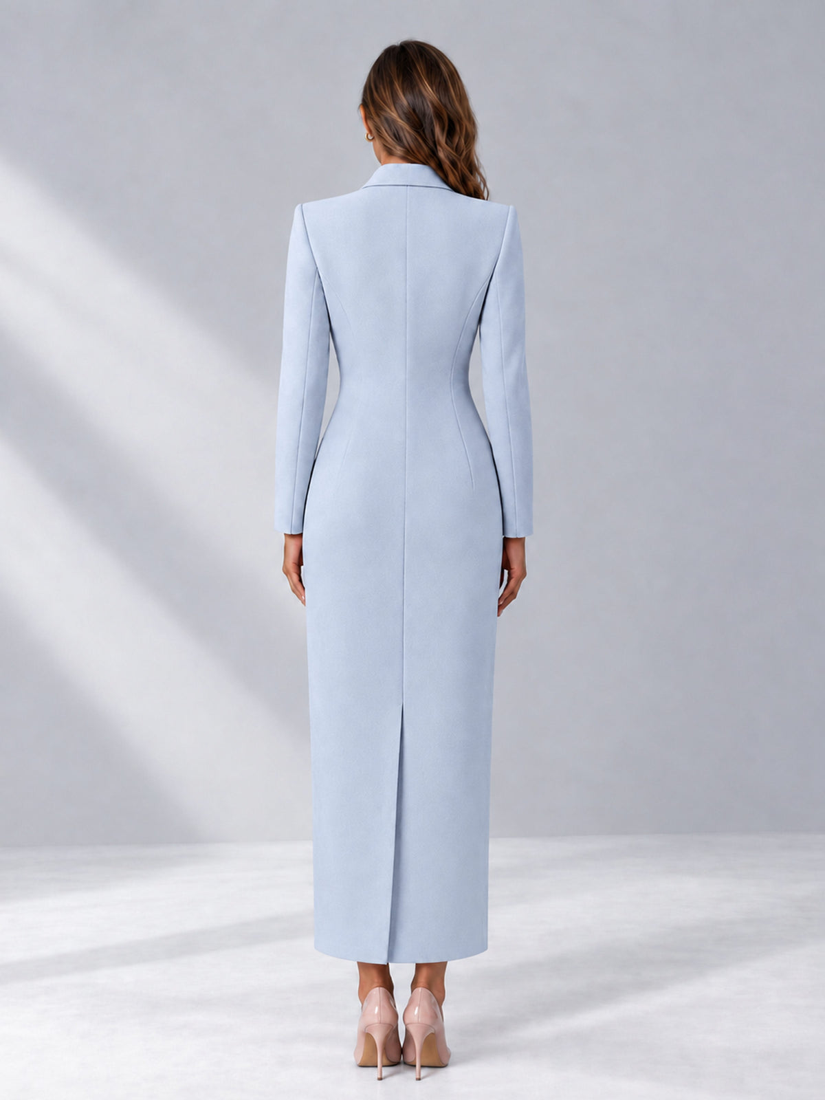 Powder Blue Tailored Fit Notch Lapel Double Breasted Long Women's Blazer