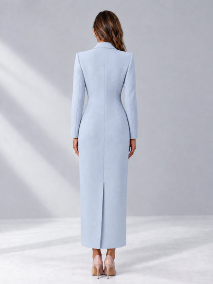 Powder Blue Tailored Fit Notch Lapel Double Breasted Long Women's Blazer