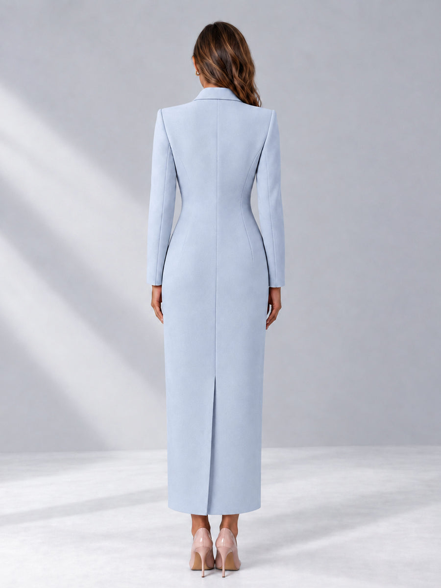Powder Blue Tailored Fit Notch Lapel Double Breasted Long Women's Blazer