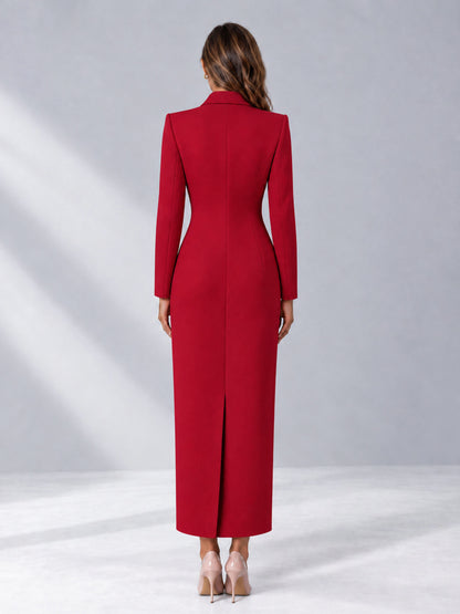 Red Tailored Fit Notch Lapel Double Breasted Long Women's Blazer