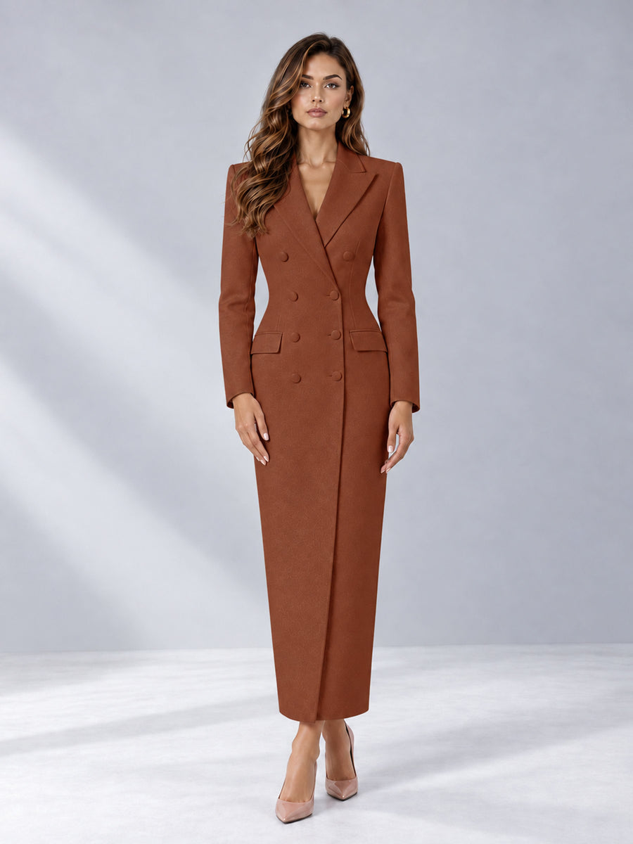 Rust Tailored Fit Notch Lapel Double Breasted Long Women's Blazer