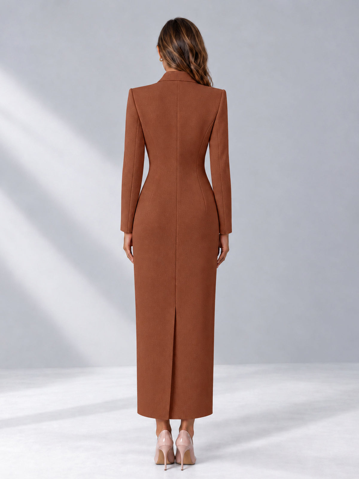 Rust Tailored Fit Notch Lapel Double Breasted Long Women's Blazer
