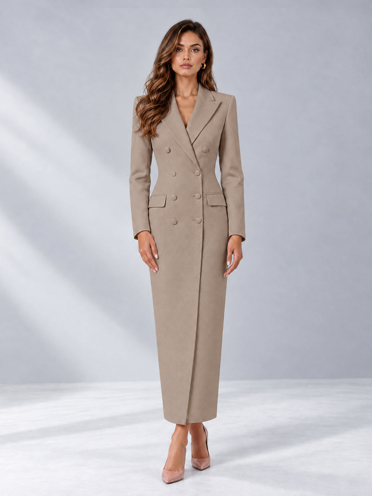 Taupe Tailored Fit Notch Lapel Double Breasted Long Women's Blazer