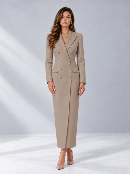 Taupe Tailored Fit Notch Lapel Double Breasted Long Women's Blazer