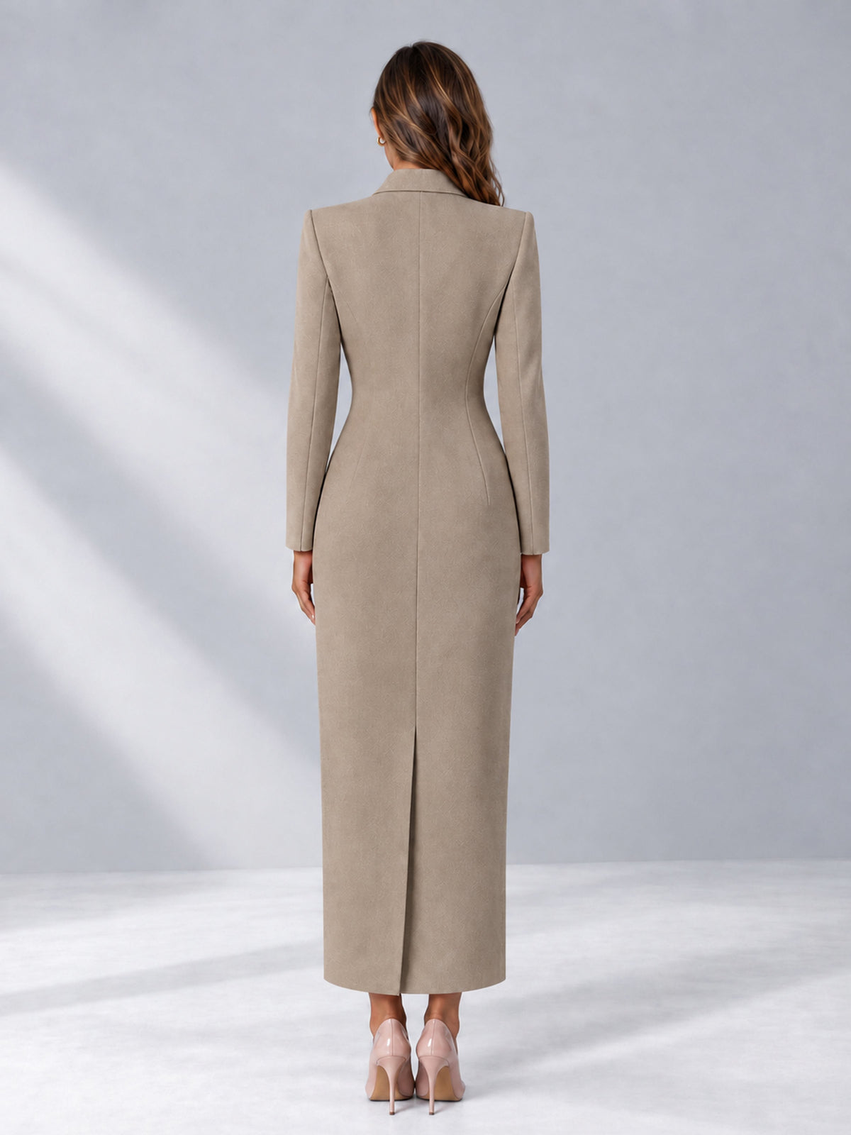 Taupe Tailored Fit Notch Lapel Double Breasted Long Women's Blazer