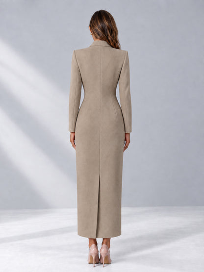 Taupe Tailored Fit Notch Lapel Double Breasted Long Women's Blazer