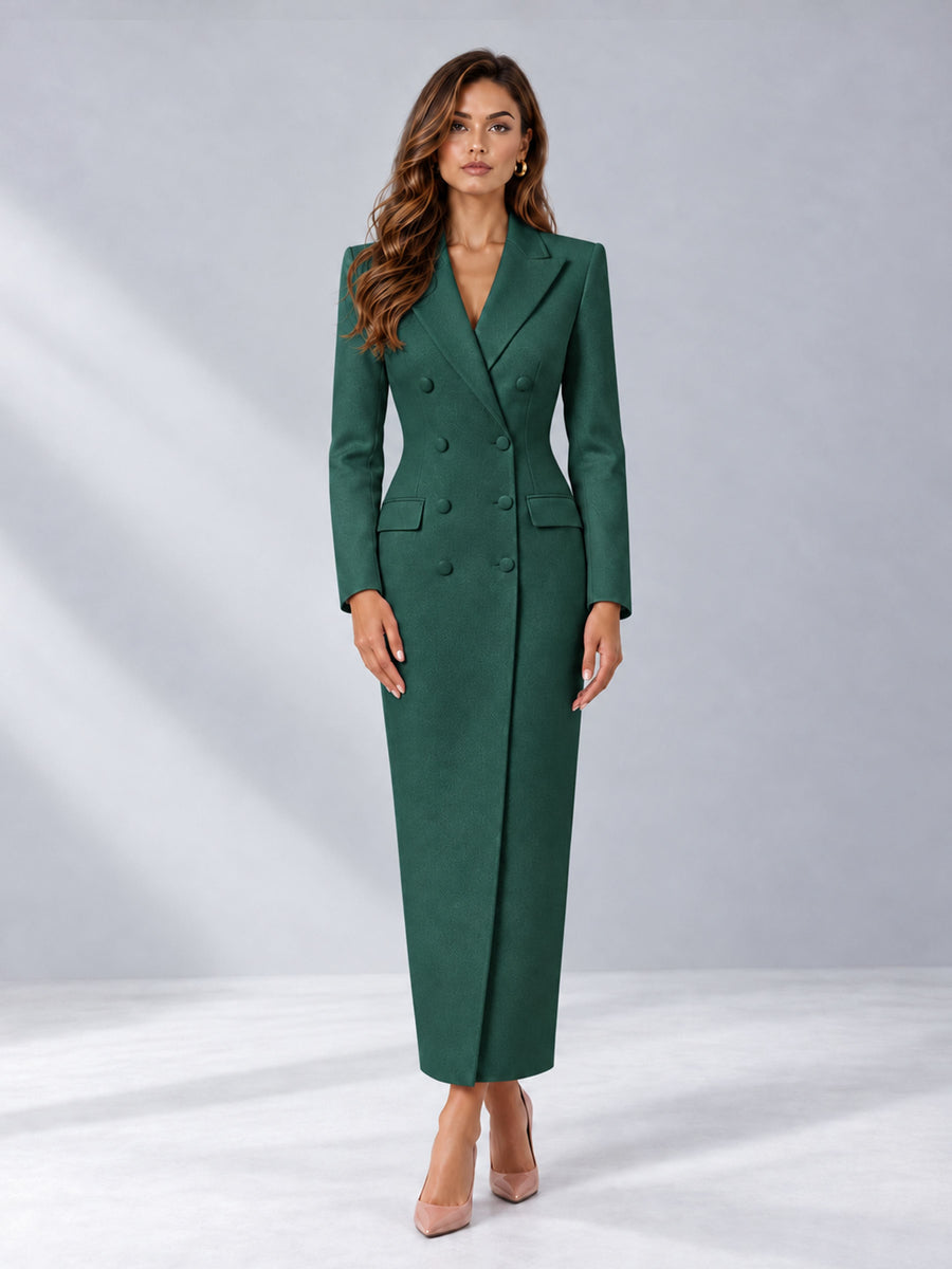 Teal Tailored Fit Notch Lapel Double Breasted Long Women's Blazer
