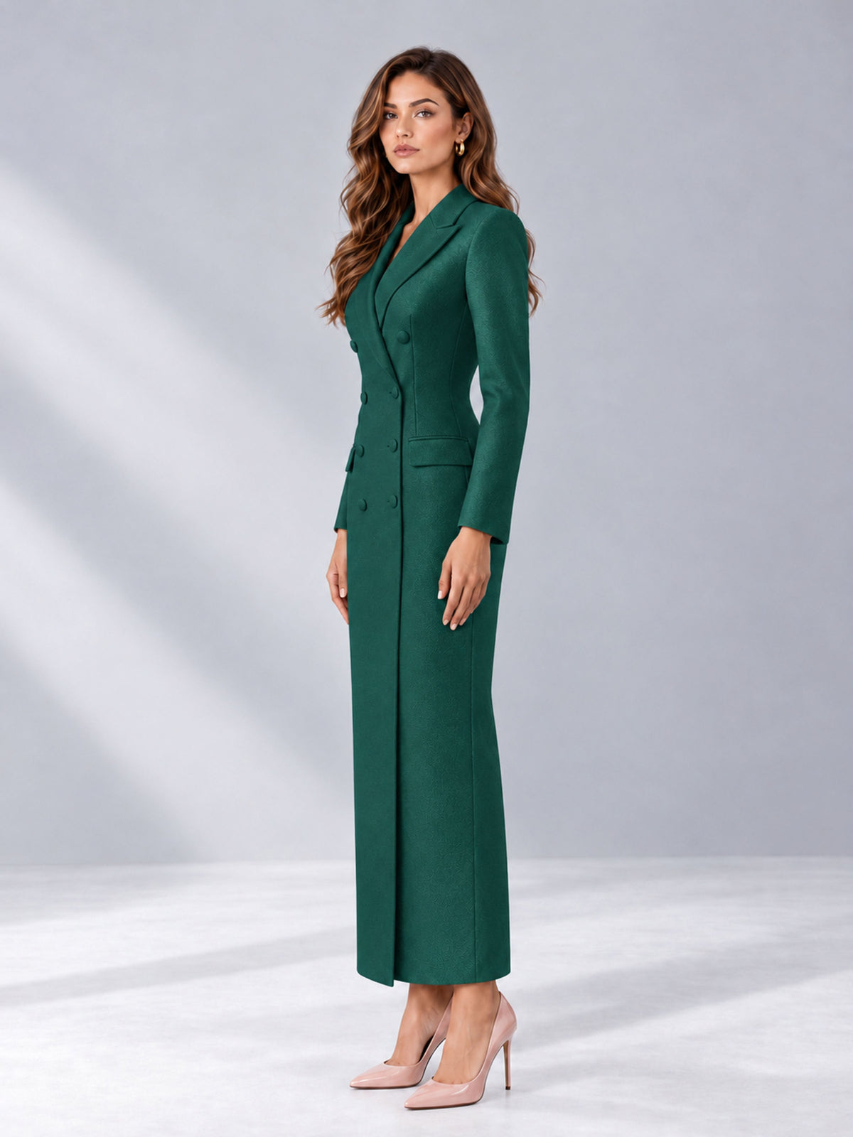 Teal Tailored Fit Notch Lapel Double Breasted Long Women's Blazer