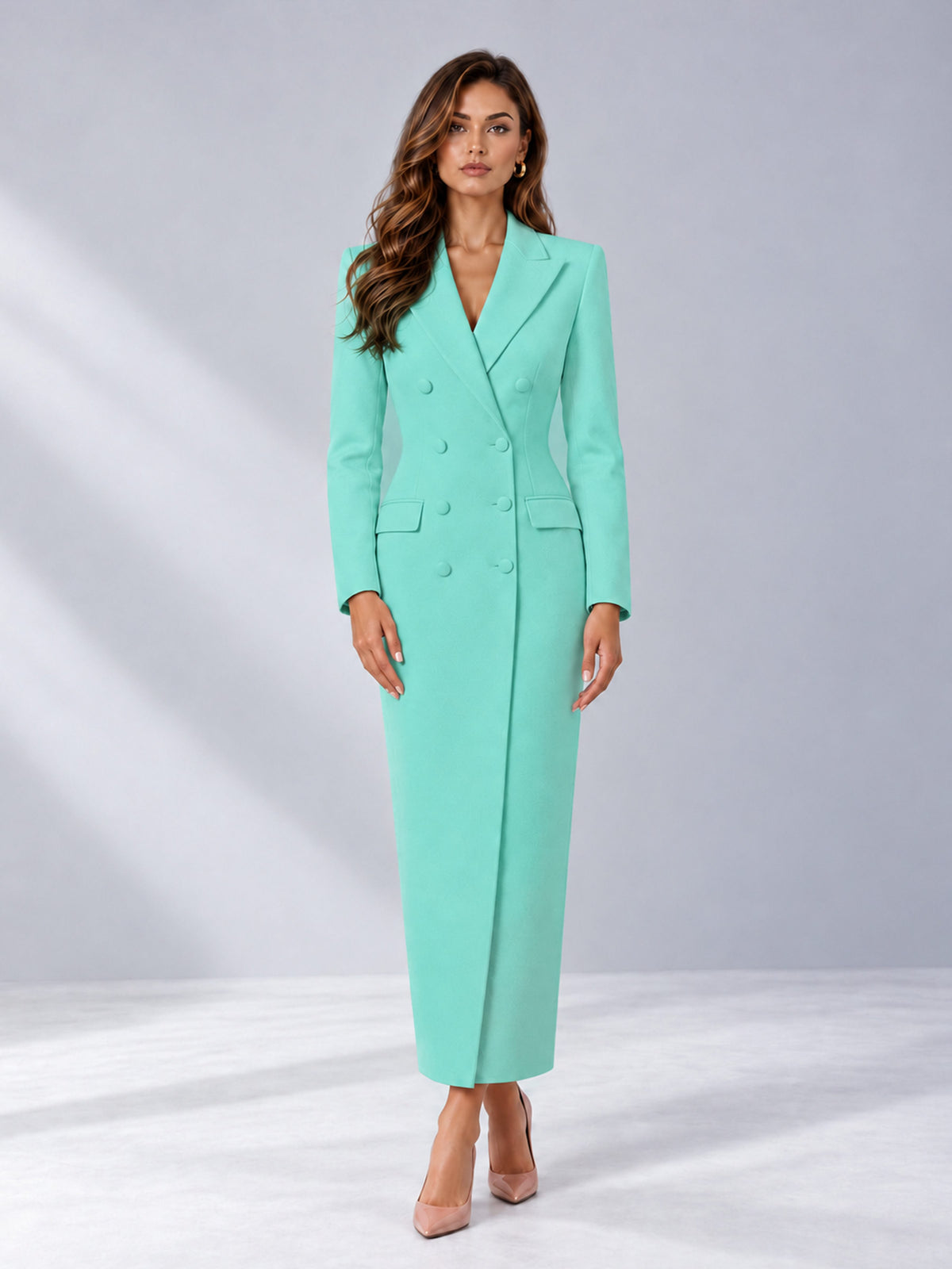 Turquoise Tailored Fit Notch Lapel Double Breasted Long Women's Blazer