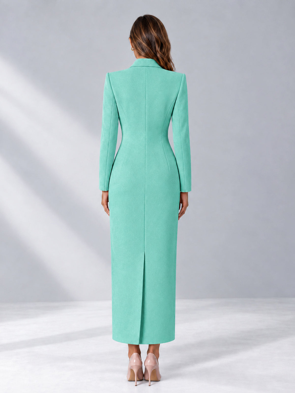 Turquoise Tailored Fit Notch Lapel Double Breasted Long Women's Blazer