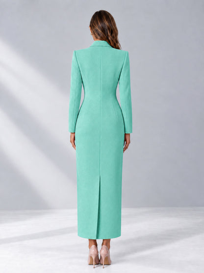 Turquoise Tailored Fit Notch Lapel Double Breasted Long Women's Blazer