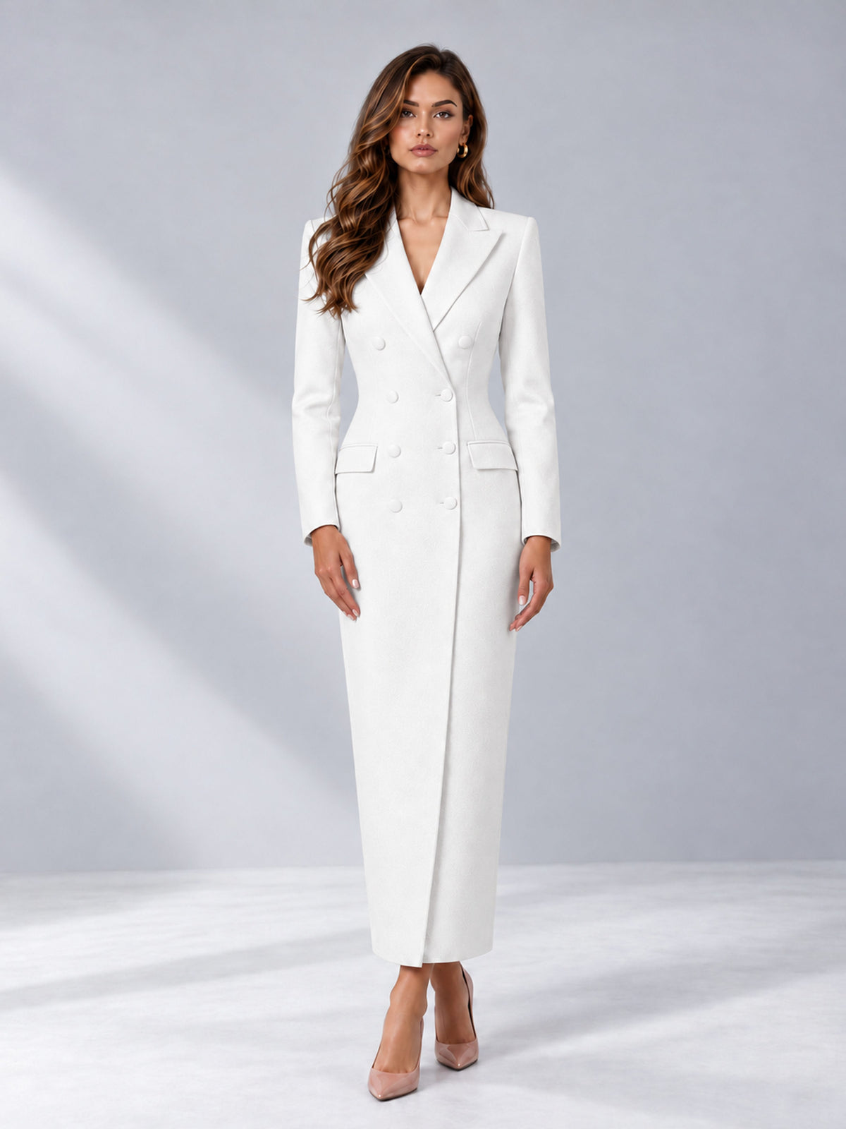 White Tailored Fit Notch Lapel Double Breasted Long Women's Blazer
