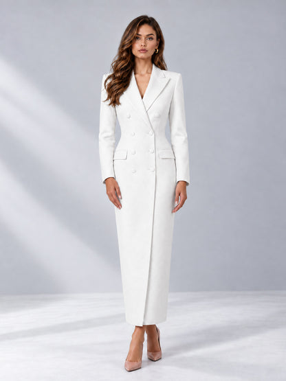 White Tailored Fit Notch Lapel Double Breasted Long Women's Blazer