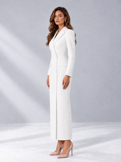 White Tailored Fit Notch Lapel Double Breasted Long Women's Blazer