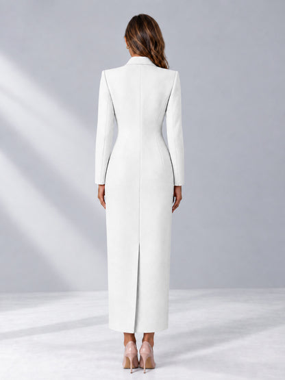 White Tailored Fit Notch Lapel Double Breasted Long Women's Blazer