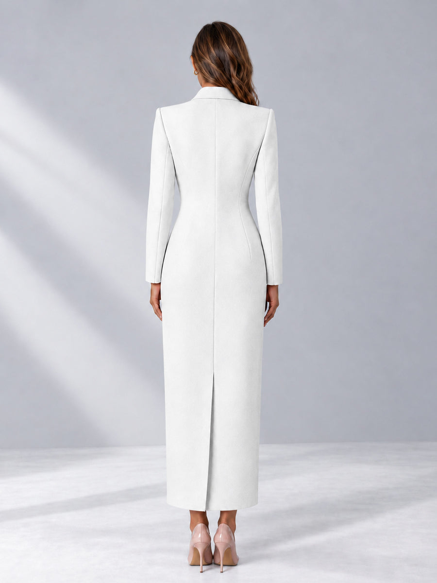 White Tailored Fit Notch Lapel Double Breasted Long Women's Blazer