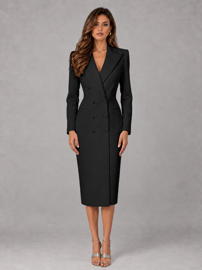 Black Tailored Fit Peak Lapel Double Breasted Tea-Length Women's Blazer