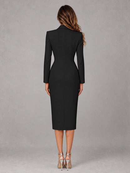Black Tailored Fit Peak Lapel Double Breasted Tea-Length Women's Blazer