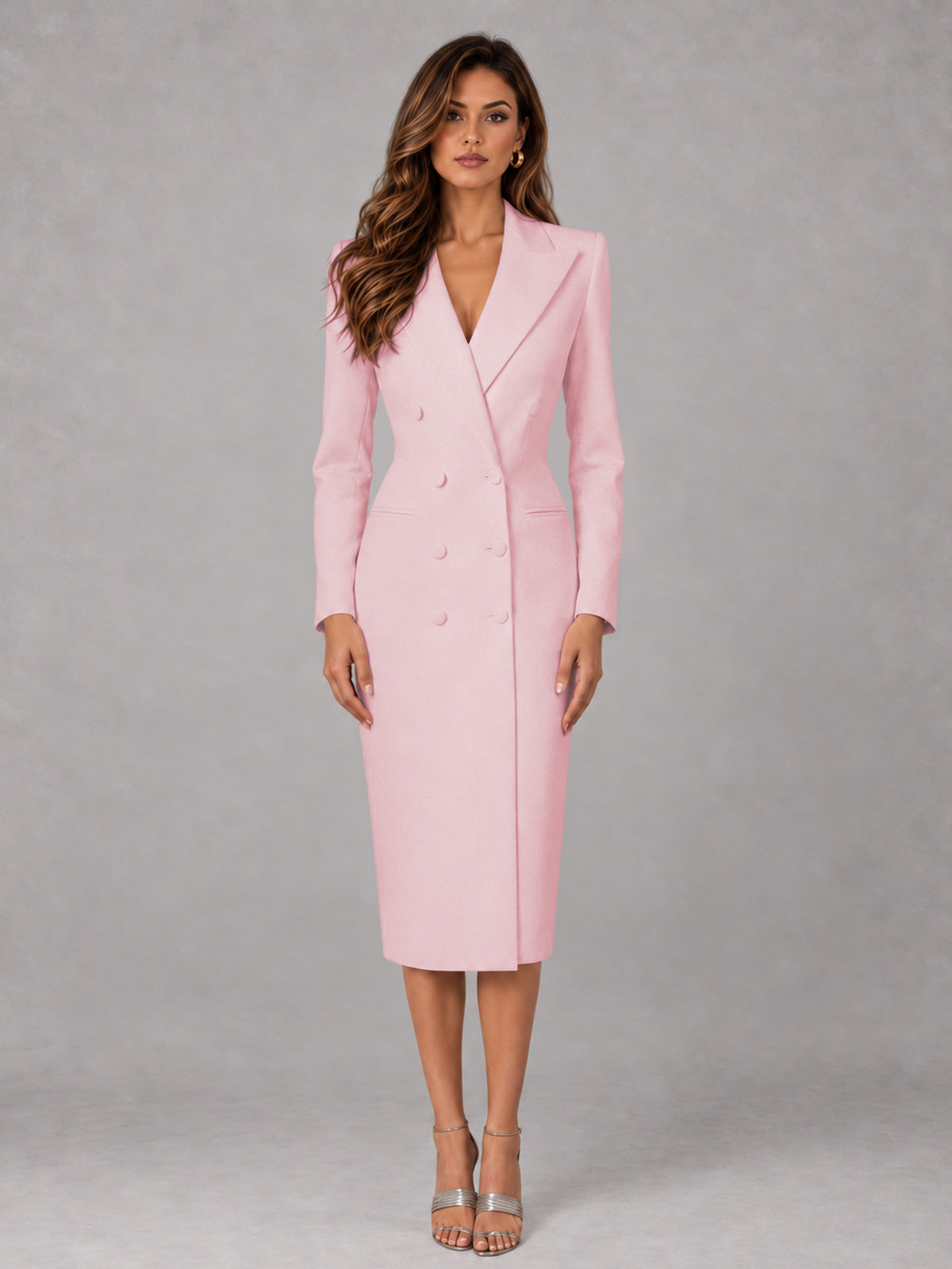 Blush Pink Tailored Fit Peak Lapel Double Breasted Tea-Length Women's Blazer