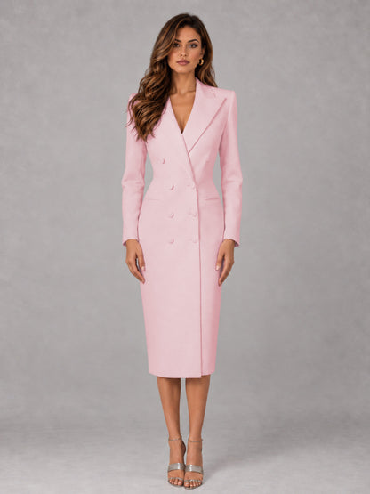 Blush Pink Tailored Fit Peak Lapel Double Breasted Tea-Length Women's Blazer