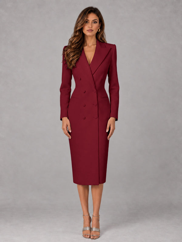 Burgundy Tailored Fit Peak Lapel Double Breasted Tea-Length Women's Blazer