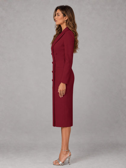Burgundy Tailored Fit Peak Lapel Double Breasted Tea-Length Women's Blazer