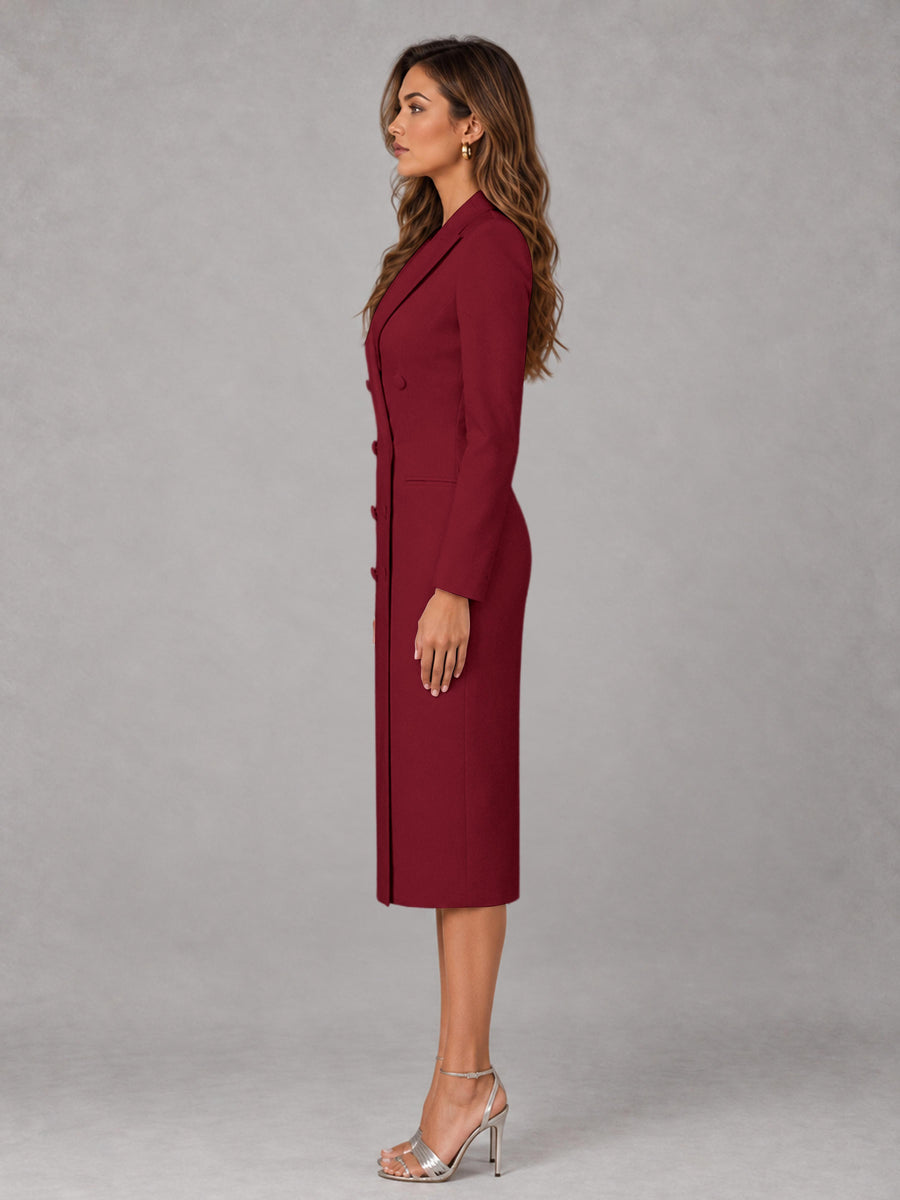 Burgundy Tailored Fit Peak Lapel Double Breasted Tea-Length Women's Blazer