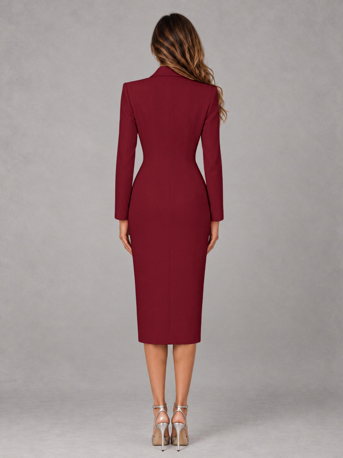 Burgundy Tailored Fit Peak Lapel Double Breasted Tea-Length Women's Blazer