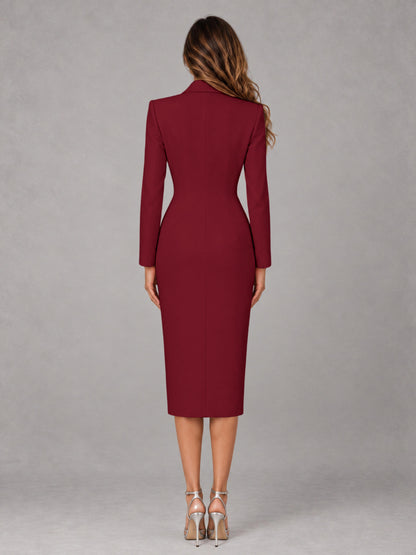 Burgundy Tailored Fit Peak Lapel Double Breasted Tea-Length Women's Blazer