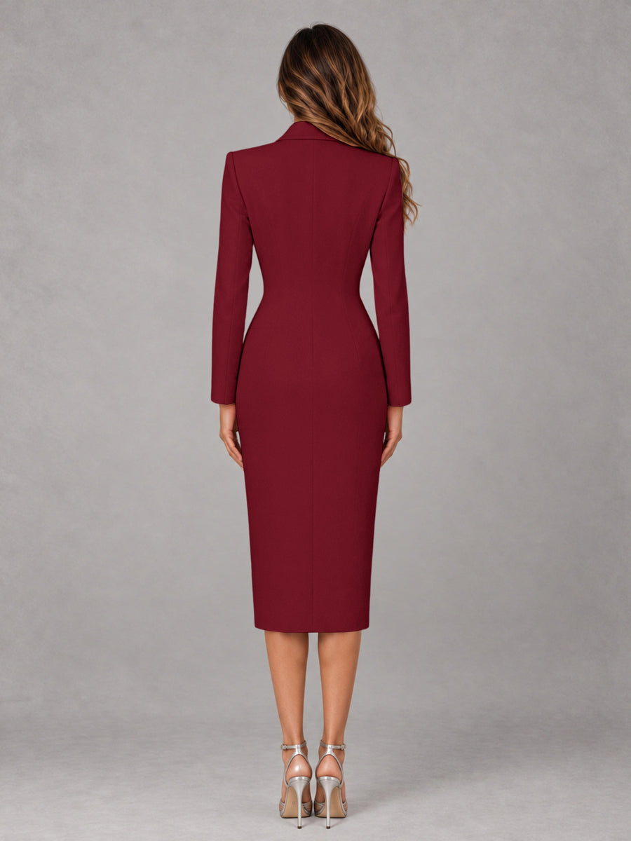 Burgundy Tailored Fit Peak Lapel Double Breasted Tea-Length Women's Blazer